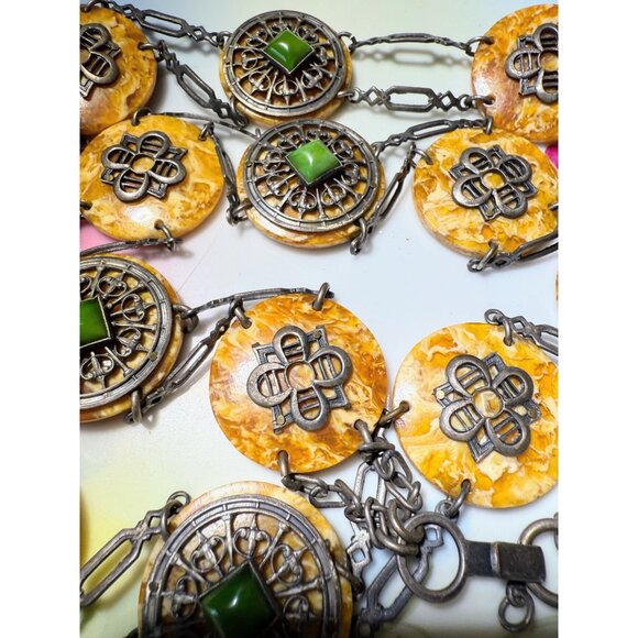 Antique 30's Celloid Circles Green Glass Silverplate women's Link Belt/Necklace - Picture 15 of 16